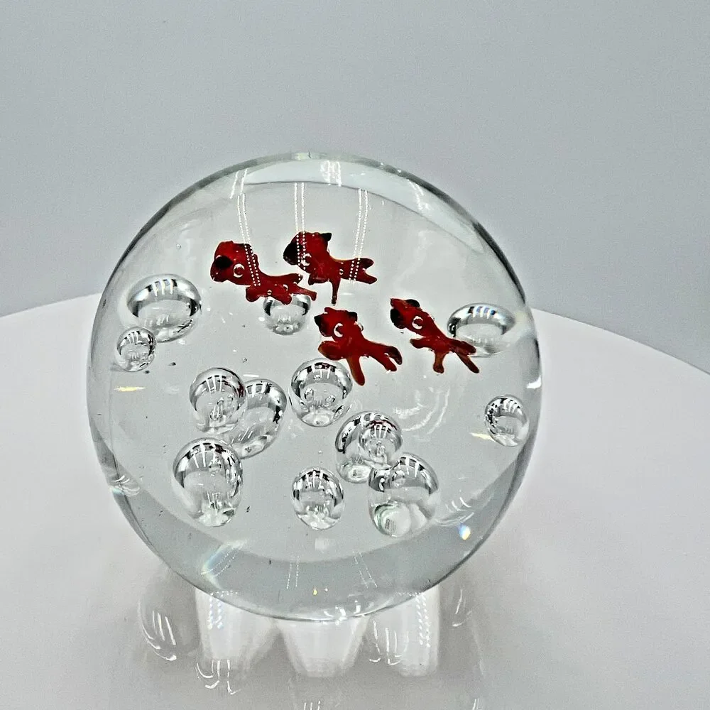 Tozai Clear Round Paperweight w/4 Orange Fish Bulging Eyes Controlled Bubbles